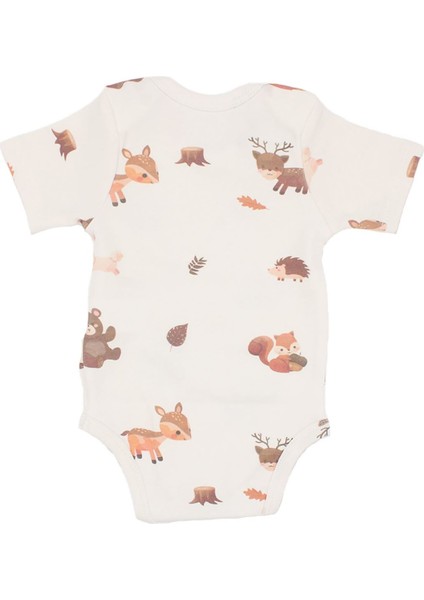 Unisex Ekru Kahve Ceylanlı Desenli Kısa Kol Body Zıbın - 1014867
