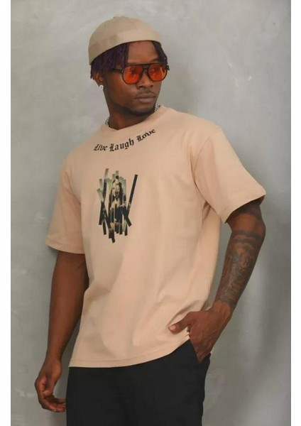 Unisex Oversize Baskılı Bisiklet Yaka T-Shirt