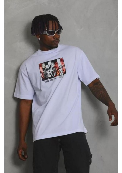 Unisex Oversize Baskılı Bisiklet Yaka T-Shirt