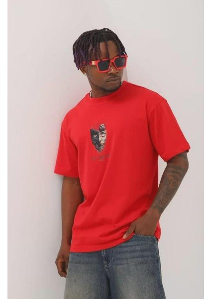 Unisex Oversize Baskılı Bisiklet Yaka T-Shirt