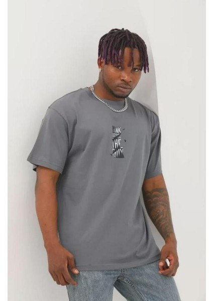 Unisex Oversize Baskılı Bisiklet Yaka T-Shirt