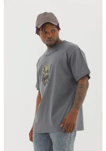 Unisex Oversize Baskılı Bisiklet Yaka T-Shirt