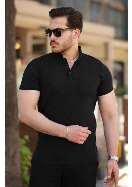 Hakim Yaka Dokuma Pamuklu Kumaş Kısa Kollu T-Shirt