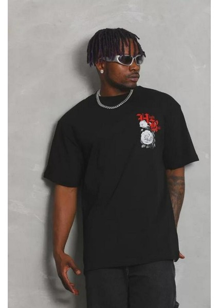 Unisex Oversize Baskılı Bisiklet Yaka T-Shirt