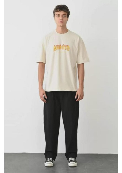 Unisex Bisiklet Yaka Baskılı Oversize T-Shirt