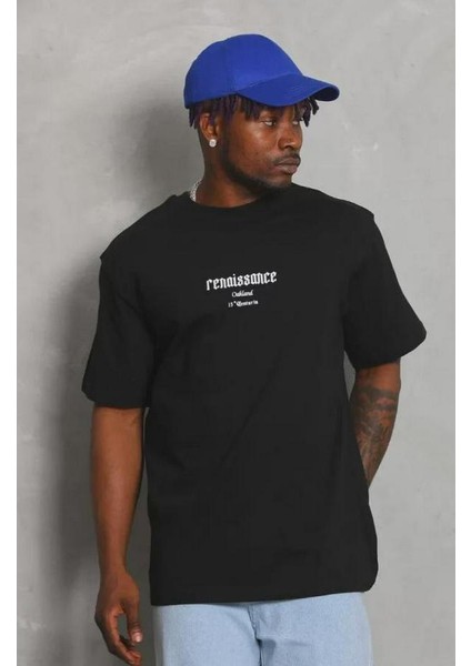 Unisex Oversize Baskılı Bisiklet Yaka T-Shirt