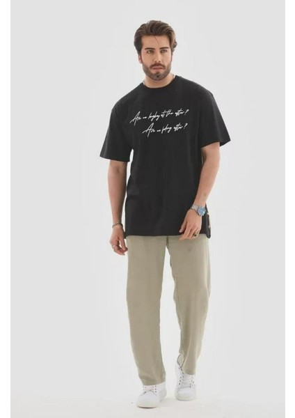 Unisex Bisiklet Yaka Baskılı Oversize T-Shirt