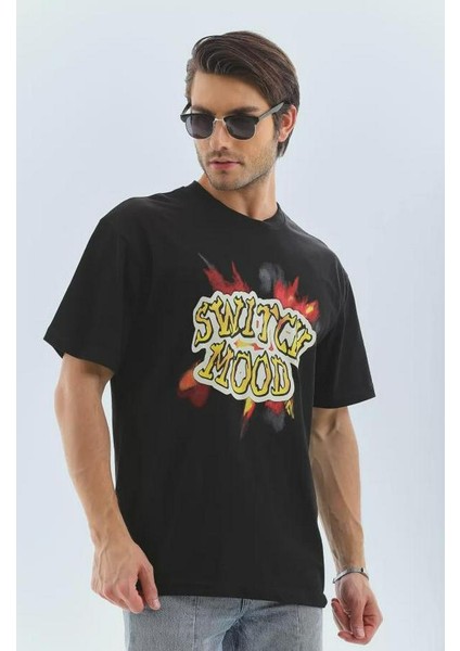 Unisex Oversize Baskılı Bisiklet Yaka T-Shirt