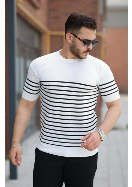 Çizgi Desenli Bisiklet Yaka Kısa Kollu T-Sihrt