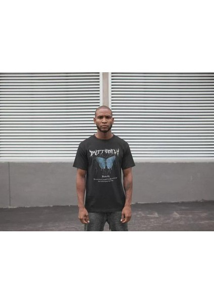 Unisex Bisiklet Yaka Baskılı Oversize T-Shirt