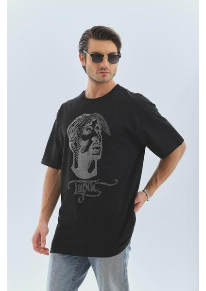 Unisex Oversize Taşlı Bisiklet Yaka T-Shirt