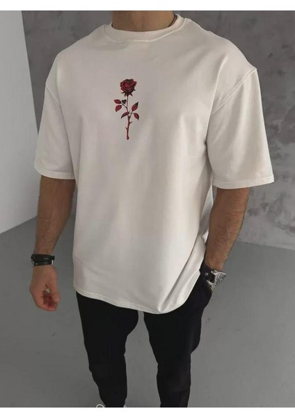 Unisex Bisiklet Yaka Baskılı Oversize T-Shirt