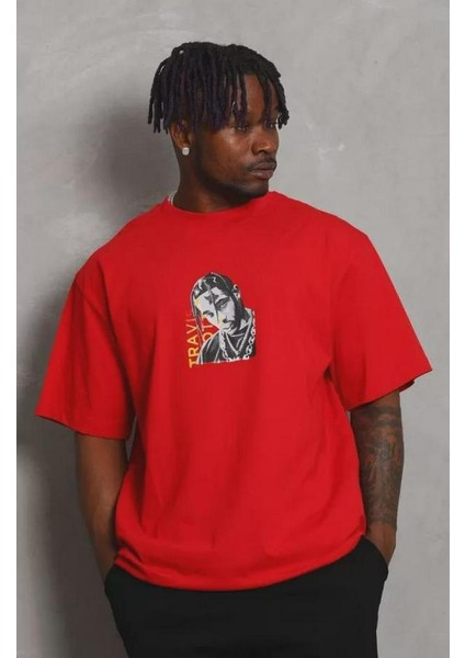 Unisex Oversize Baskılı Bisiklet Yaka T-Shirt