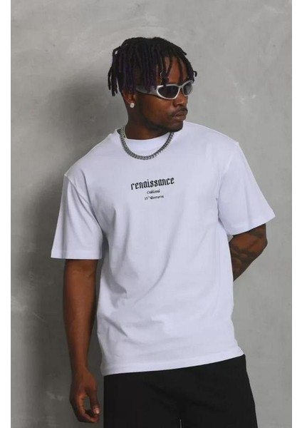 Unisex Oversize Baskılı Bisiklet Yaka T-Shirt