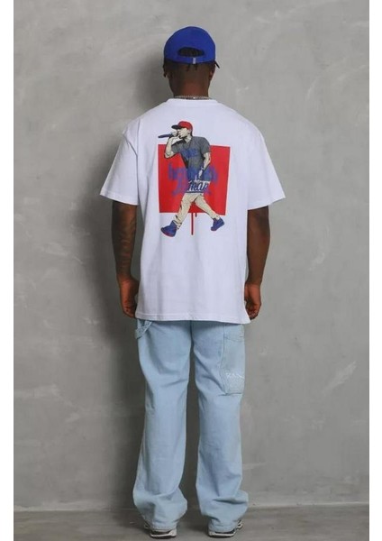 Unisex Oversize Baskılı Bisiklet Yaka T-Shirt