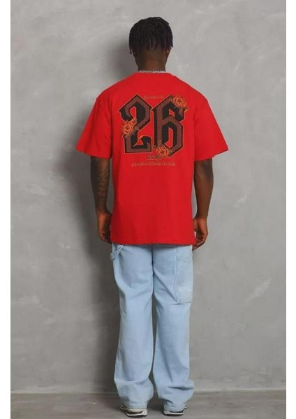 Unisex Oversize Baskılı Bisiklet Yaka T-Shirt