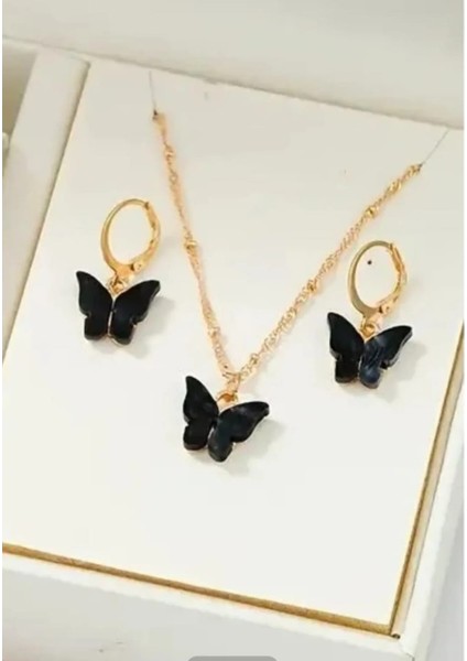 Kadın Siyah Kelebek Kupe Kolye fiyatları