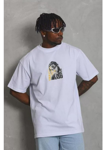 Unisex Oversize Baskılı Bisiklet Yaka T-Shirt