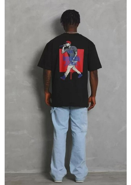 Unisex Oversize Baskılı Bisiklet Yaka T-Shirt