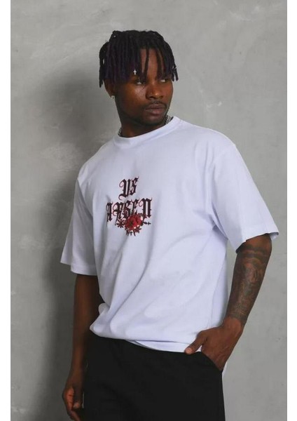 Unisex Oversize Baskılı Bisiklet Yaka T-Shirt