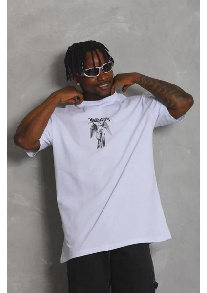 Unisex Oversize Baskılı Bisiklet Yaka T-Shirt