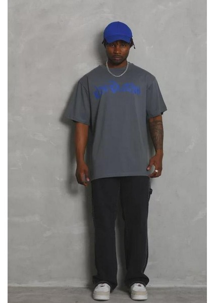 Unisex Oversize Baskılı Bisiklet Yaka T-Shirt