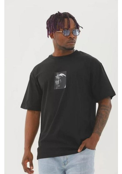 Unisex Oversize Baskılı Bisiklet Yaka T-Shirt