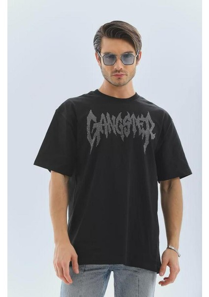 Unisex Oversize Taşlı Bisiklet Yaka T-Shirt