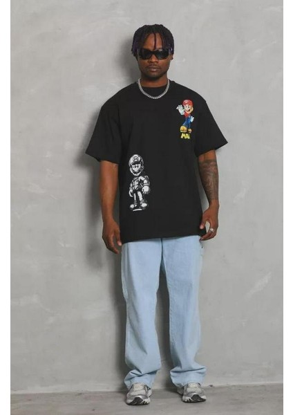 Unisex Oversize Baskılı Bisiklet Yaka T-Shirt