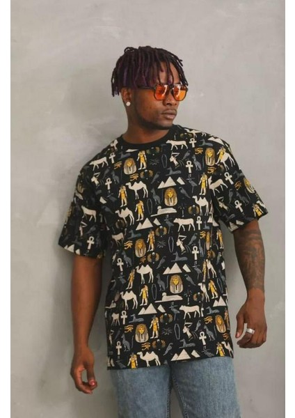 Unisex Oversize Baskılı Bisiklet Yaka T-Shirt