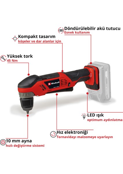 Akülü Açılı Vidalama TE-AD 18 Li-Solo Power X-Change (18 V, 45 Nm, 10 mm Hızlı Sıkma Mandren, LED Işık, Döndürülebilir Akü Yuvası, akü dahil değildir) - 4514290