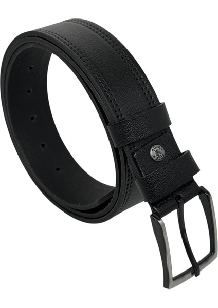 Siyah Hakiki Deri Desenli Çift Dikişli Model 4 Cm. Genişlikli Spor Kemer - 400-28