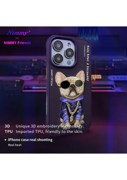 iPhone 15 Pro Uyumlu 3D Gözlük Zincir Mor Köpek Detaylı Nakış İşlemeli Kabartmalı Cool Glasses Kılıf fırsatları