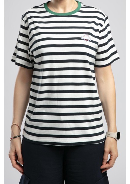 Malory Kadın %100 Pamuk O Yaka T-Shirt Ekru-Lacivert Çizgili