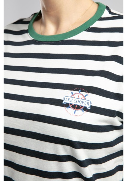 Malory Kadın %100 Pamuk O Yaka T-Shirt Ekru-Lacivert Çizgili modelleri
