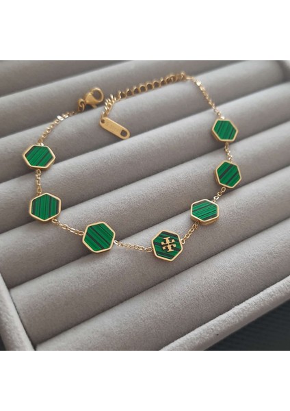 Çelik Gold Renk Yeşil Aksesuarlı Kadın Marka Model Bileklik modelleri