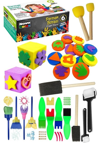 Parmak Boyası 6 Renk Nova Color Sünger Eva Baskı Damga Spatula Rulo Kesik Sünger Eva Okul Öncesi Etkinlik Seti