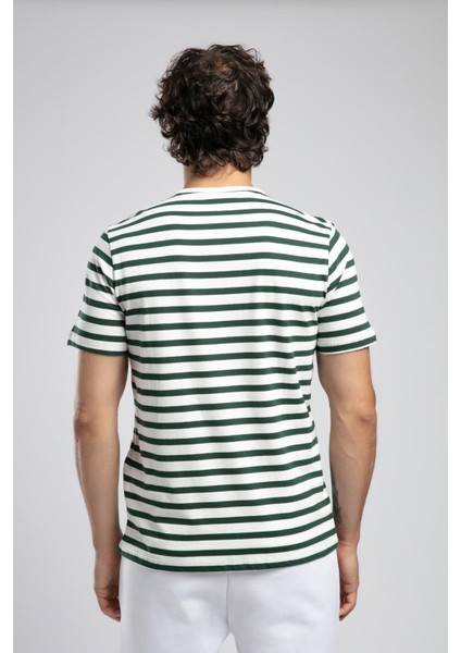 Eddy Erkek %100 Pamuk O Yaka T-Shirt Ekru-Zümrüt Çizgili