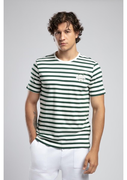 Eddy Erkek %100 Pamuk O Yaka T-Shirt Ekru-Zümrüt Çizgili