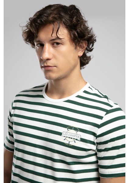 Eddy Erkek %100 Pamuk O Yaka T-Shirt Ekru-Zümrüt Çizgili