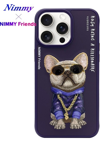 iPhone 15 Pro Max Uyumlu 3D Gözlük Zincir Mor Köpek Nakış İşlemeli Kabartmalı Cool Glasses Kılıf