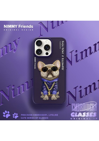 iPhone 15 Pro Max Uyumlu 3D Gözlük Zincir Mor Köpek Nakış İşlemeli Kabartmalı Cool Glasses Kılıf modelleri