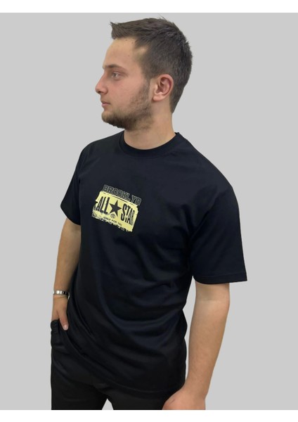 Erkek Brooklyn Yuvarlak Yaka Arka Baskılı Oversize Siyah Tişört modelleri