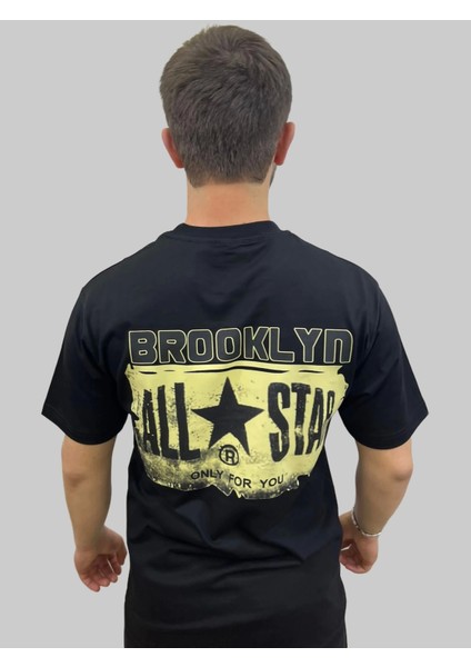 Erkek Brooklyn Yuvarlak Yaka Arka Baskılı Oversize Siyah Tişört indirimleri