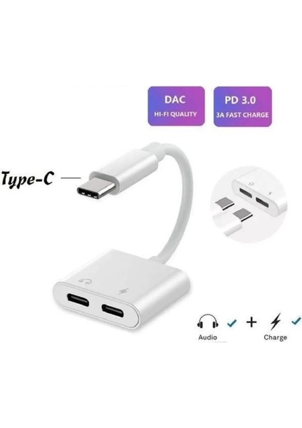 Type C To Type C Kulaklık Hızlı Şarj Giriş Çevirici Çoklayıcı Çoğaltıcı Splitter Adaptör