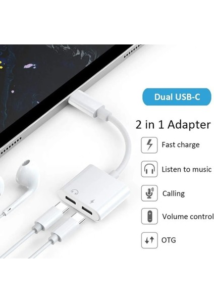 Type C To Type C Kulaklık Hızlı Şarj Giriş Çevirici Çoklayıcı Çoğaltıcı Splitter Adaptör