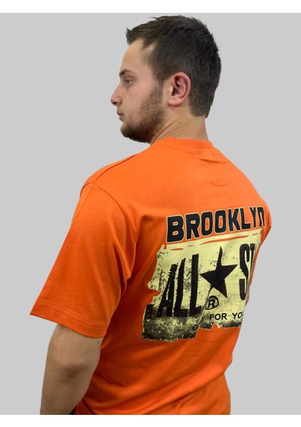 Erkek Brooklyn Yuvarlak Yaka Arka Baskılı Oversize Turuncu Tişört modelleri