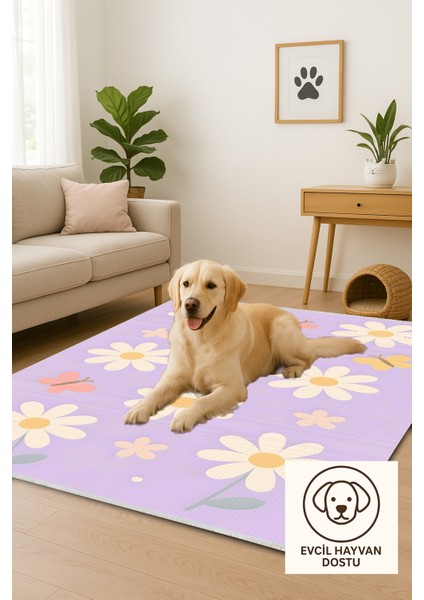 Lofy Halı Papatya Desenli Mor Çocuk Odası Halısı Yıkanabilir 120X180 indirimleri