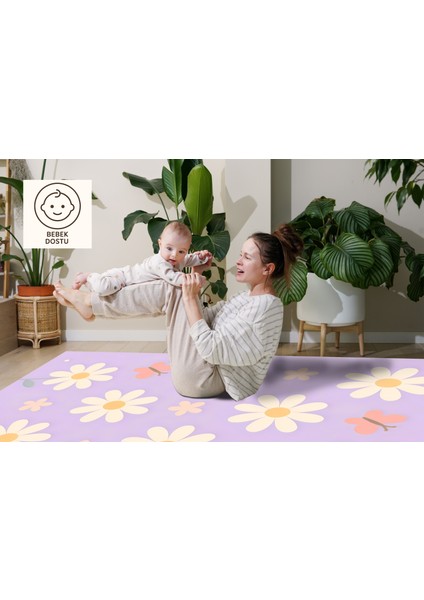 Lofy Halı Papatya Desenli Mor Çocuk Odası Halısı Yıkanabilir 120X180