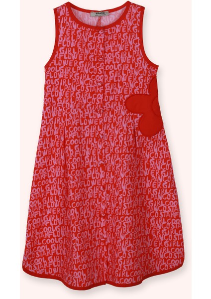 Kız Çocuk Çiçek Detaylı Desenli Nar Elbise